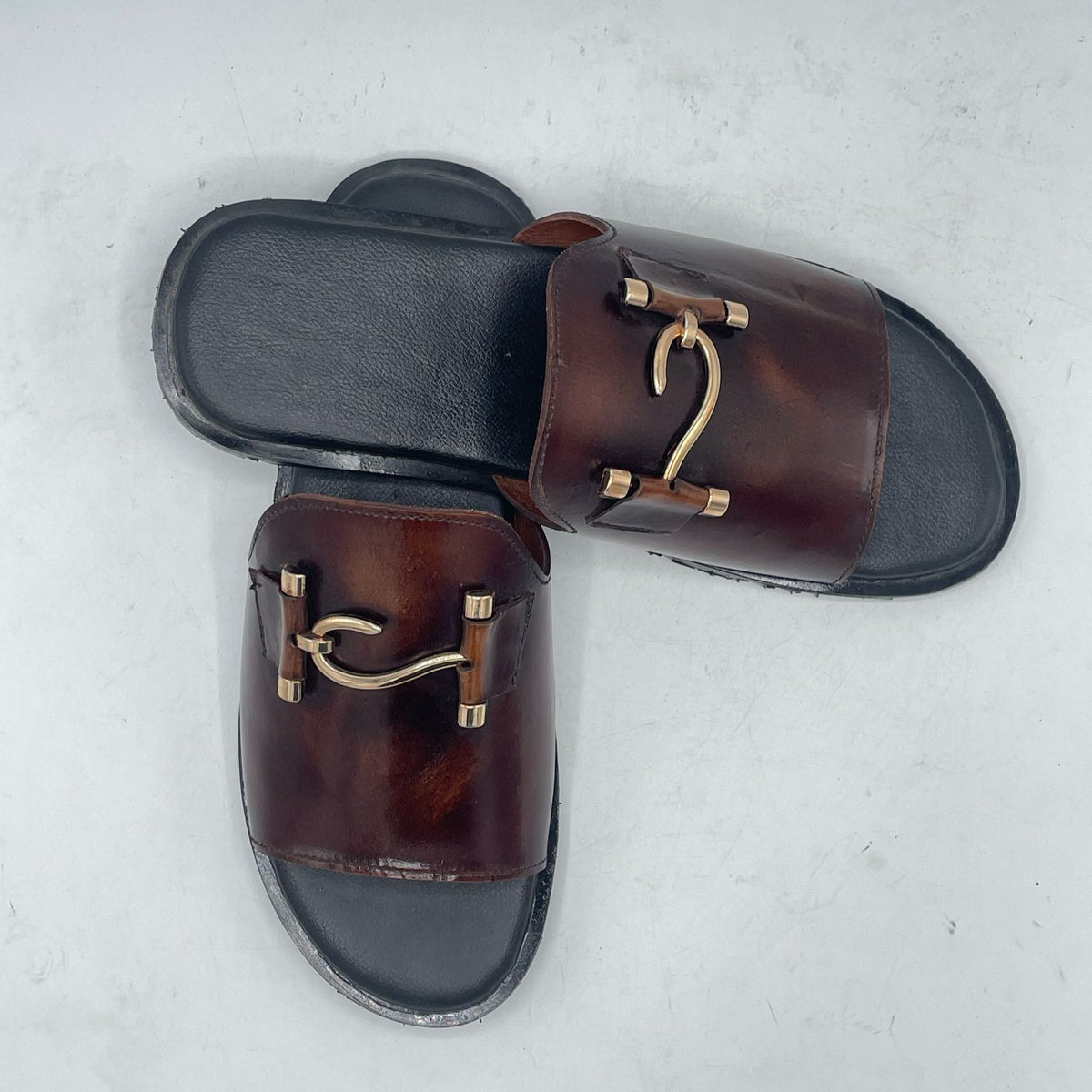 Stylish Brown Leather Slides with Gold Buckle