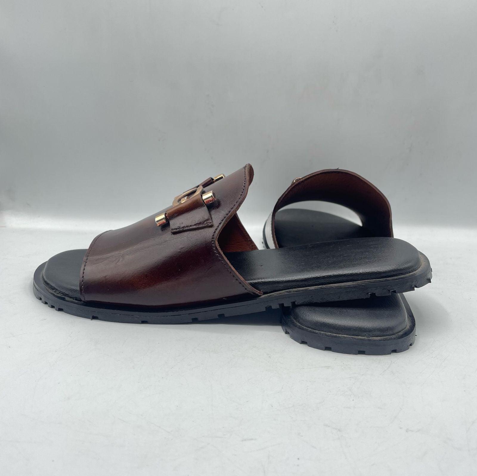 Stylish Brown Leather Slides with Gold Buckle