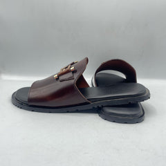 Stylish Brown Leather Slides with Gold Buckle