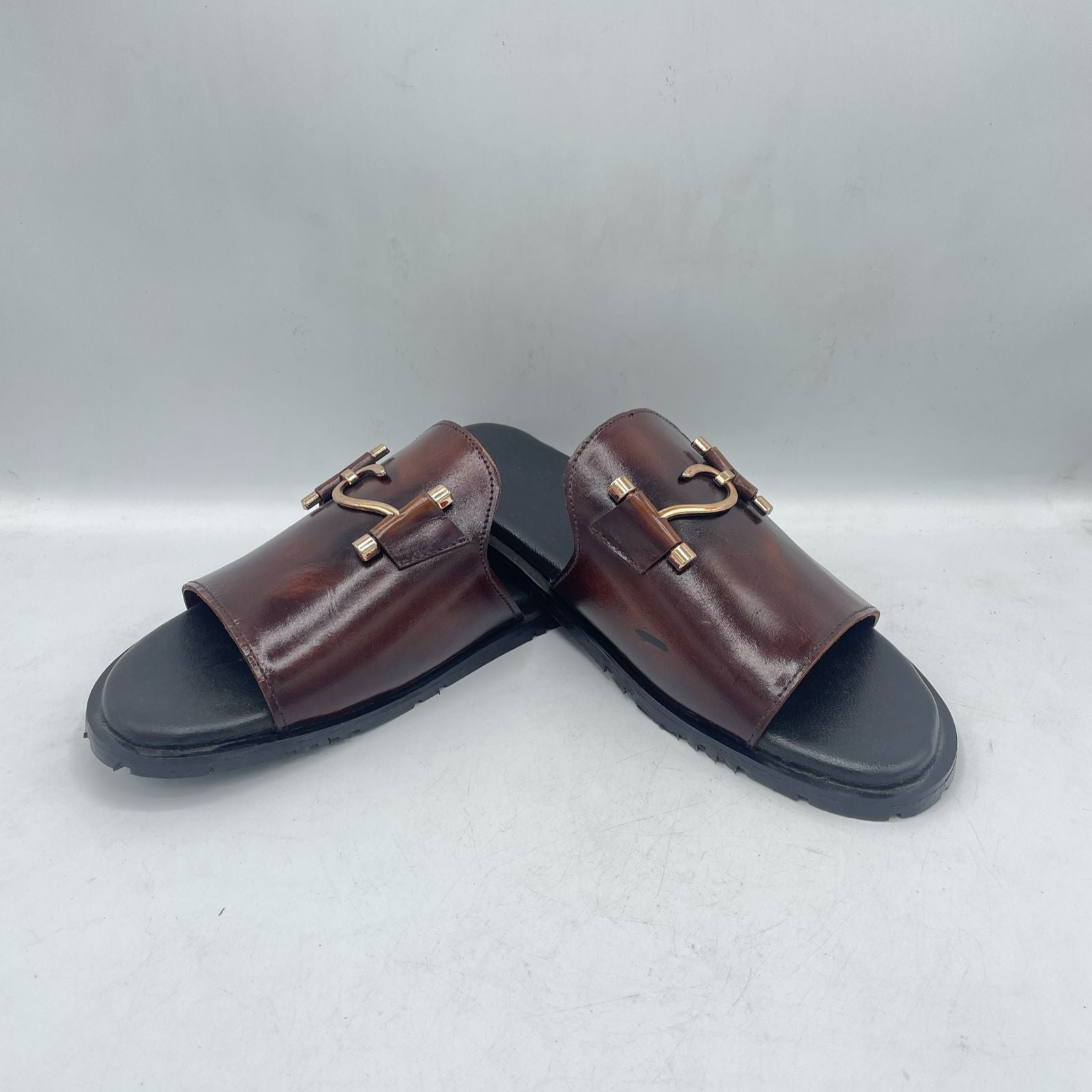 Stylish Brown Leather Slides with Gold Buckle