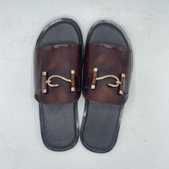 Stylish Brown Leather Slides with Gold Buckle