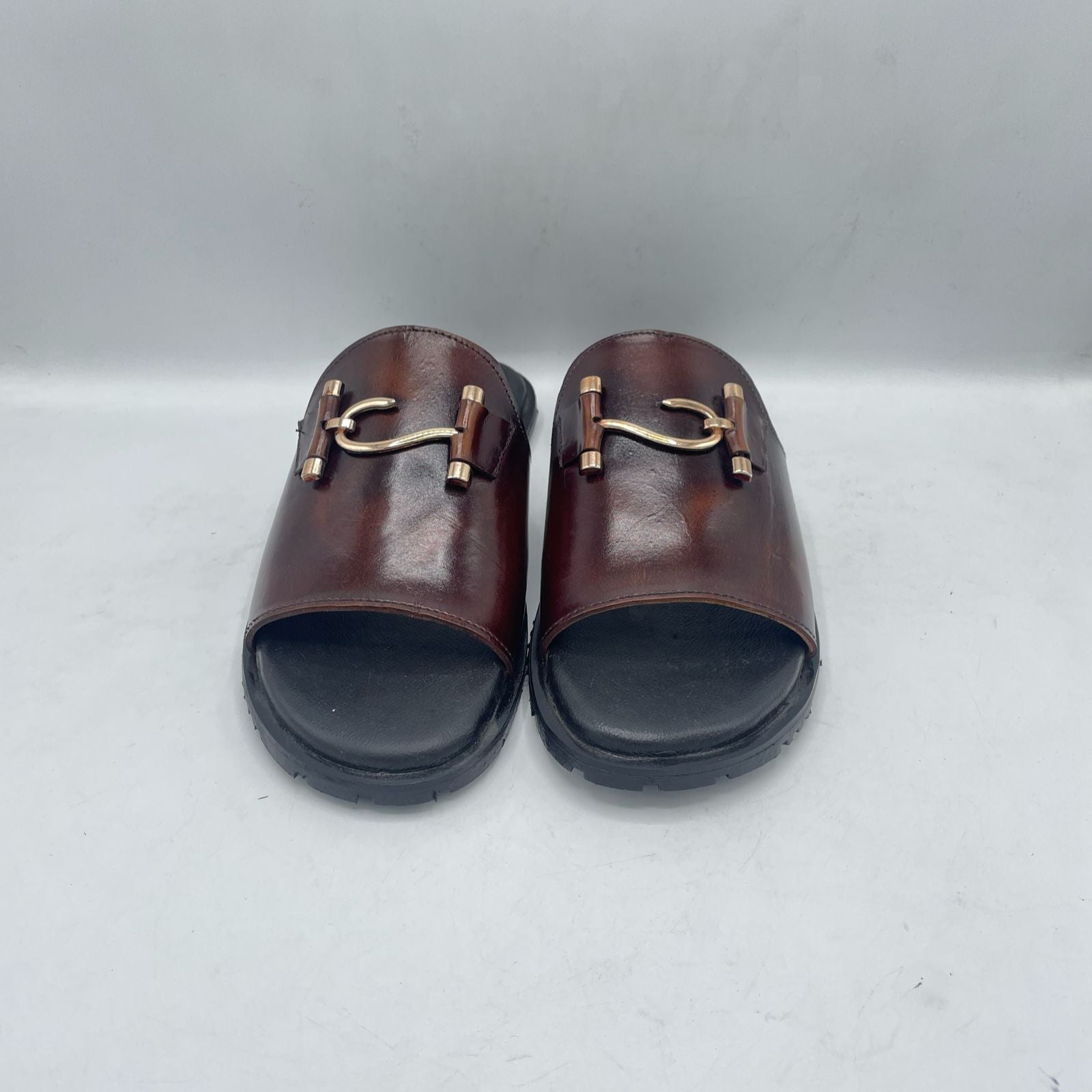 Stylish Brown Leather Slides with Gold Buckle