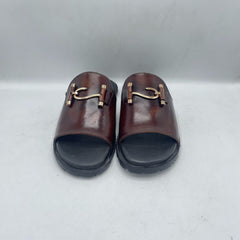 Stylish Brown Leather Slides with Gold Buckle