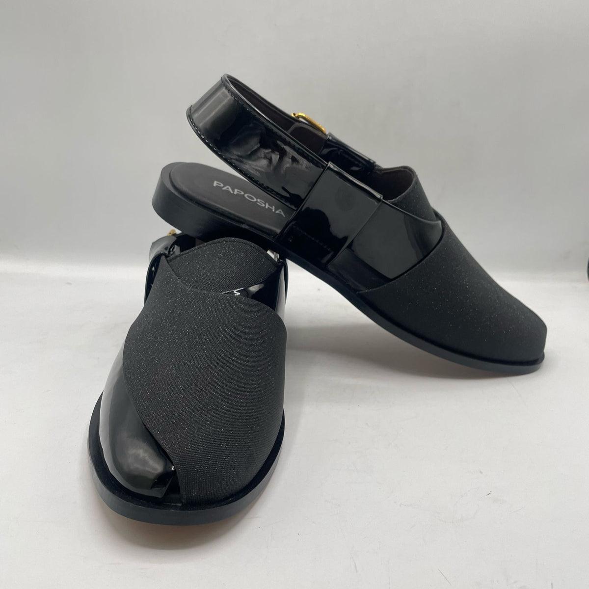 Sleek Black Glossy Sandals with Buckle